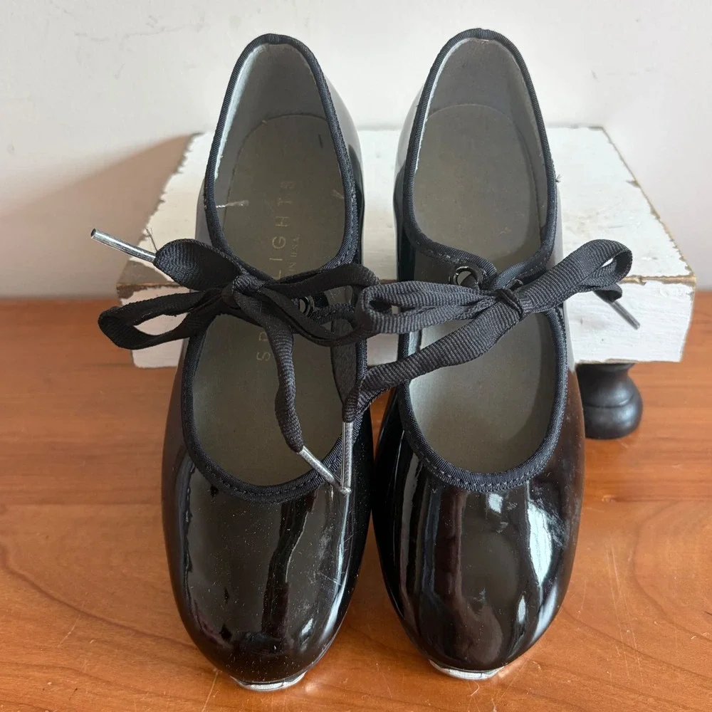 Spotlights Kids Black Patent Leather Tap Shoes Ribbon Tie Made in USA Size 9